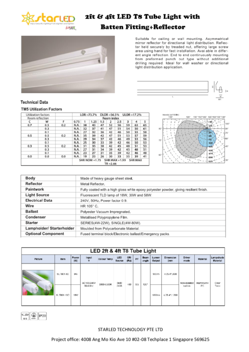 LED 2ft & 4ft T8 Tube Light with Batten Fitting + Reflector