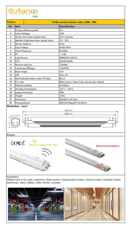 LED 2ft T8 10W PIR, Microwave Sensor Tube 0.6m