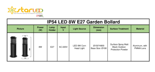 IP54 LED 8W E27 Garden Bollard