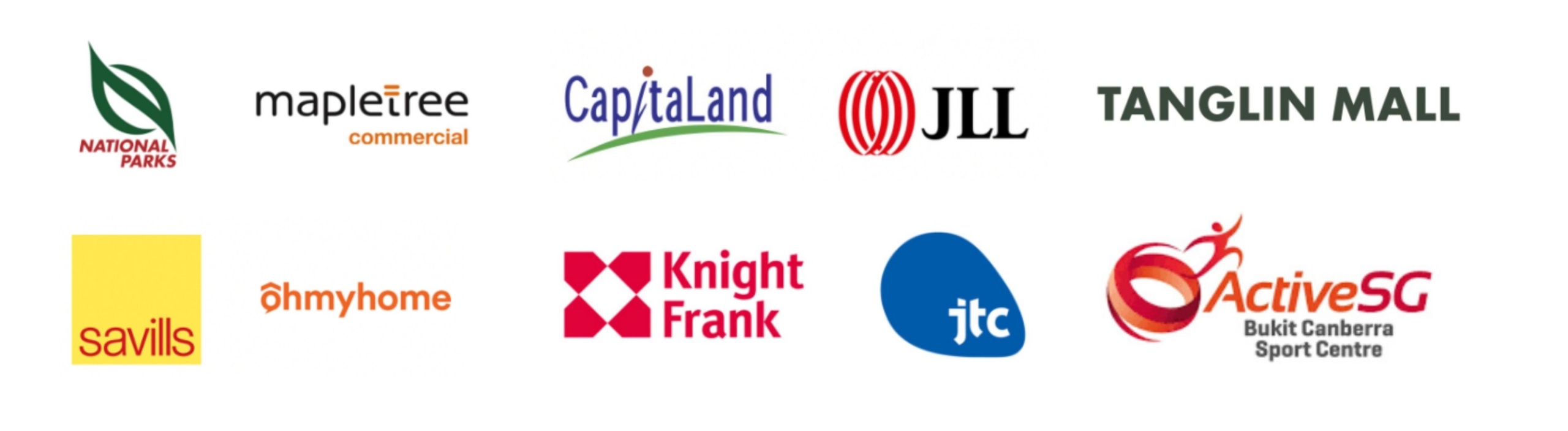 NParks, MapleTree, Capitaland, JLL, Savills, OhmyHome, Knight Frank, JTC, Tanglin Mall, Bukit Canberra Sports Centre Logos