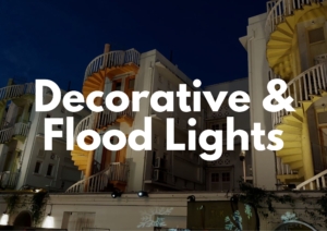 Solar Decorative and Flood Lights: Architectural lighting options to enhance outdoor aesthetics, alongside high-lumen, weatherproof flood lights for illuminating large outdoor areas including carparks, gardens, commercial exteriors, construction sites and car pick-up or drop-off points.